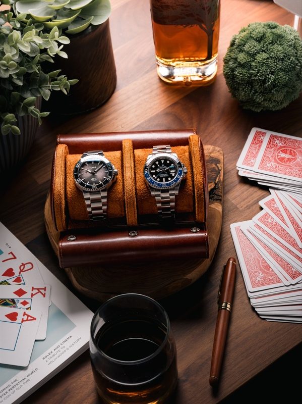 Double Slot Watch Roll Travel Case Brown