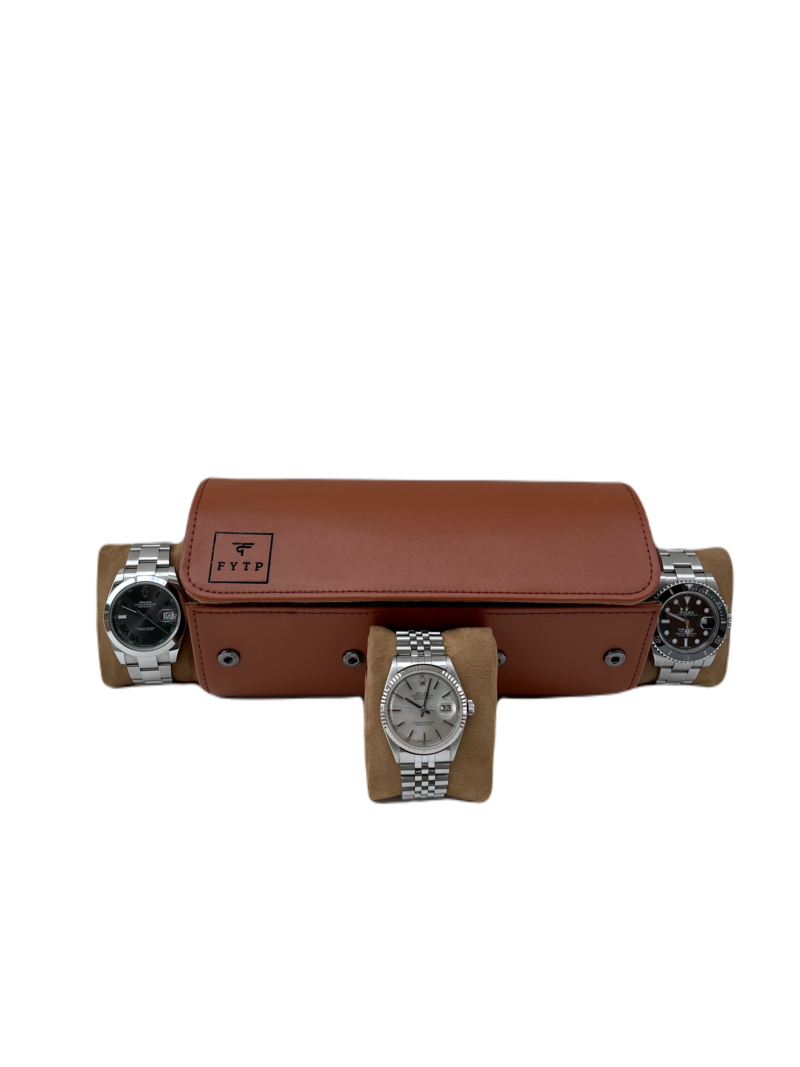 Triple Slot Watch Roll Travel Case Brown