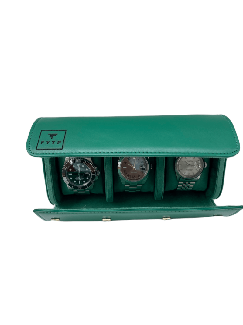 Triple Slot Watch Roll Travel Case Green