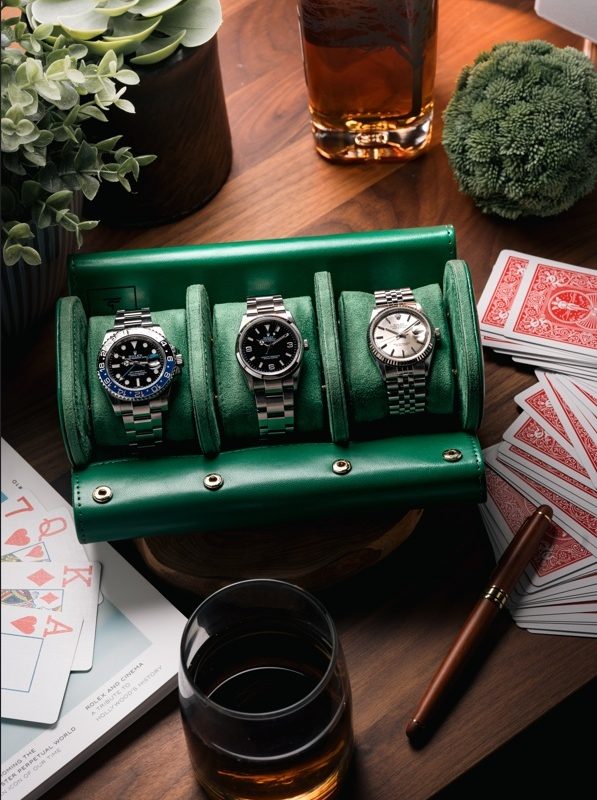 Triple Slot Watch Roll Travel Case Green