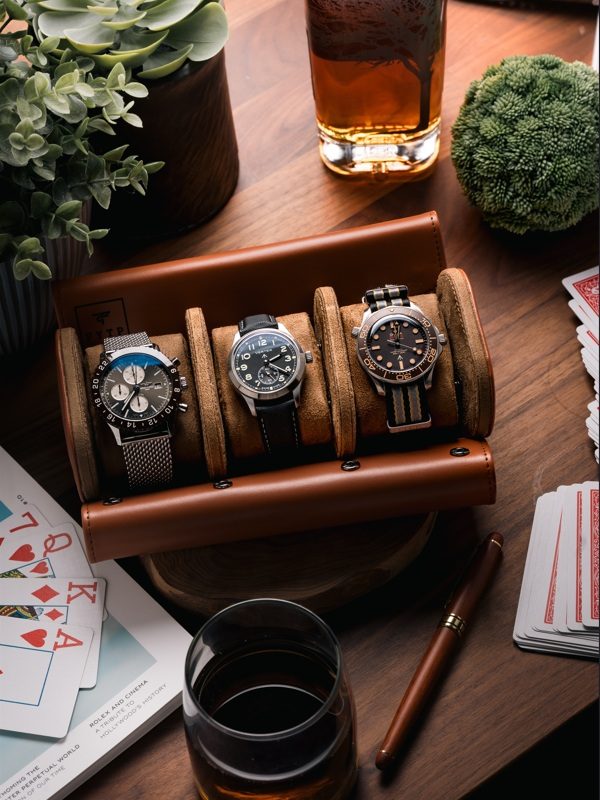 Triple Slot Watch Roll Travel Case Light Brown