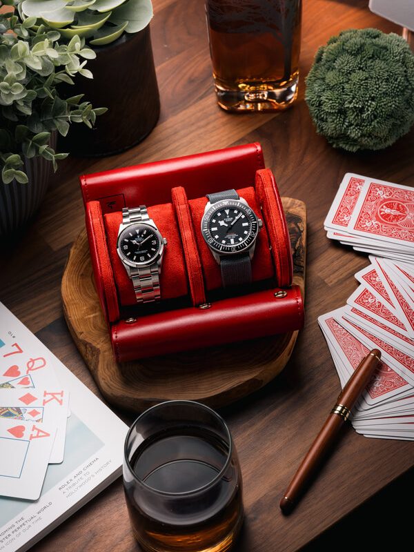 Double Slot Watch Roll Travel Case Red