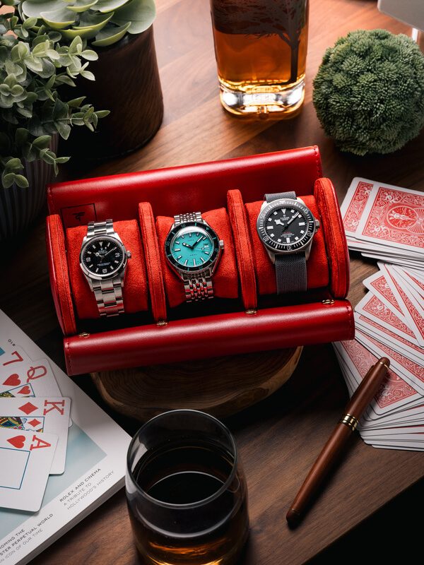 Triple Slot Watch Roll Travel Case Red