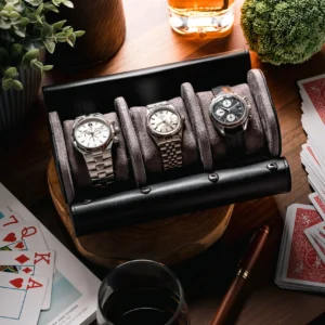 Black Triple Slot Watch Roll Travel Case