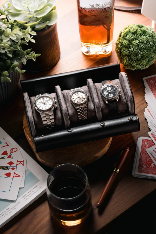Black Triple Slot Watch Roll Travel Case