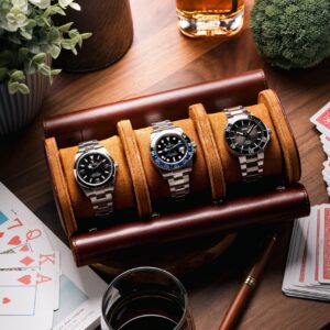 Dark Brown Triple Slot Watch Roll Travel Case