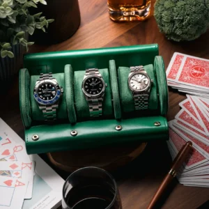 Green Triple Slot Watch Roll Travel Case