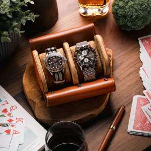 Light Brown Double Slot Watch Roll Travel Case