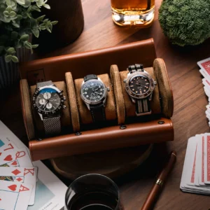 Light Brown Triple Slot Watch Roll Travel Case