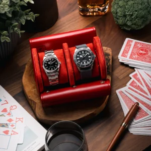 Red Double Slot Watch Roll Travel Case