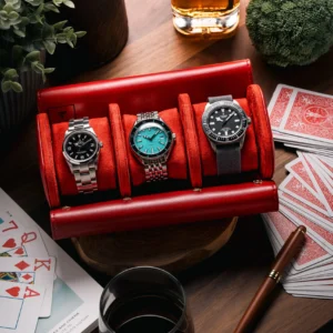 Red Triple Slot Watch Roll Travel Case