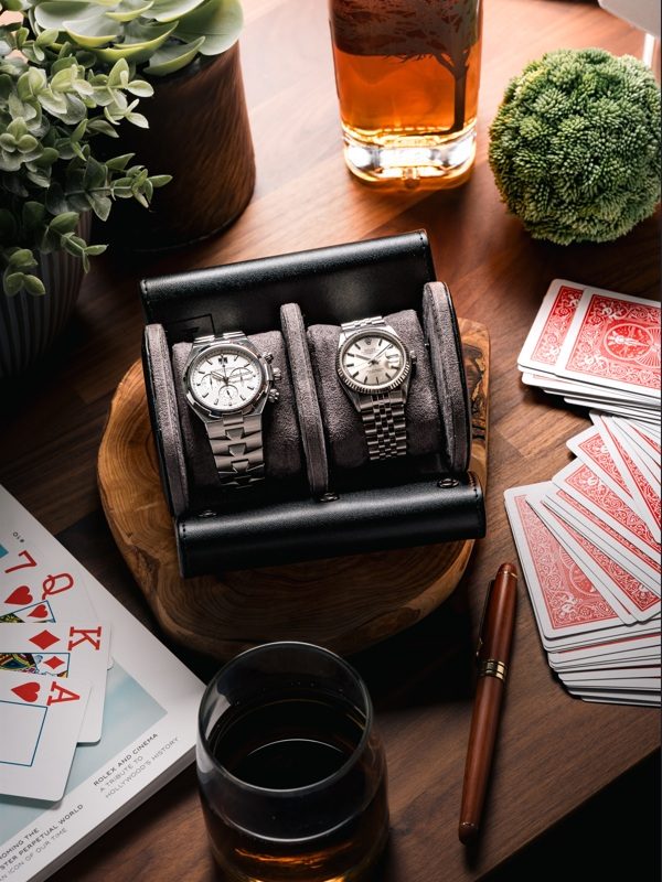 Double Slot Watch Roll Travel Case Black