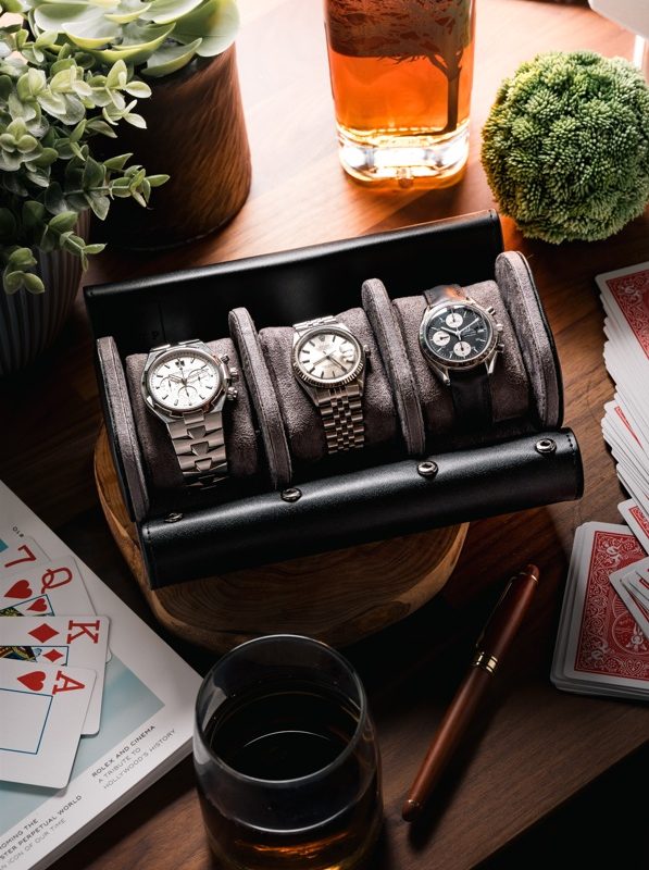 Triple Slot Watch Roll Travel Case Black