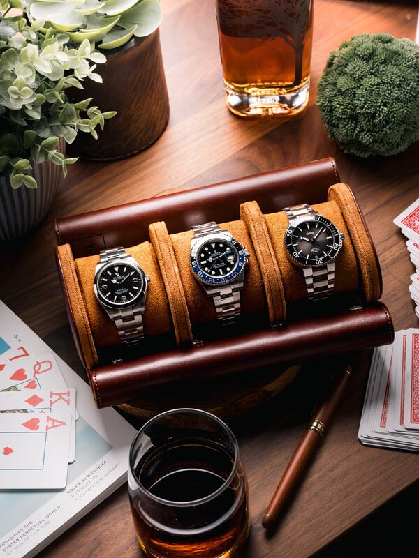 Triple Slot Watch Roll Travel Case Brown