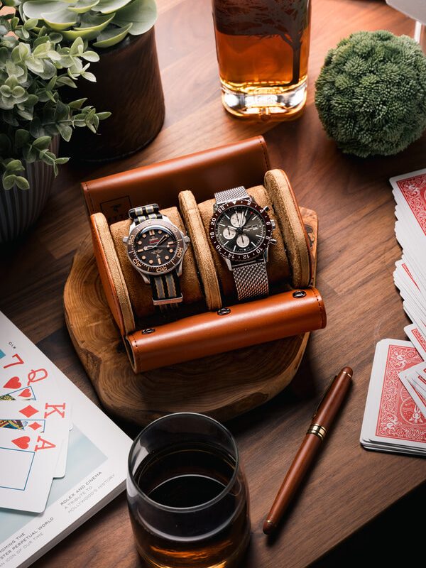 Double Slot Watch Roll Travel Case Light Brown